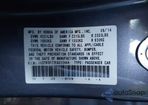 2015 Honda Accord Ex z USA, uszkodzony, nr VIN 1HGCR2F77FA012444
